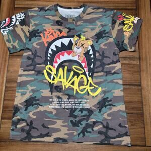 Fresh Laundry Green Camo Unisex Tee "Savage" Bear Shark Mouth - Size Large